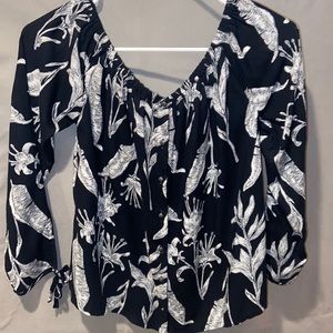 Roxy Women’s Off the Shoulder Black and White Button Down Top
